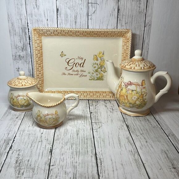 Cracker Barrel Bunny Basket Bunny Tea Set Susan Winget in Original Box - Picture 1 of 13